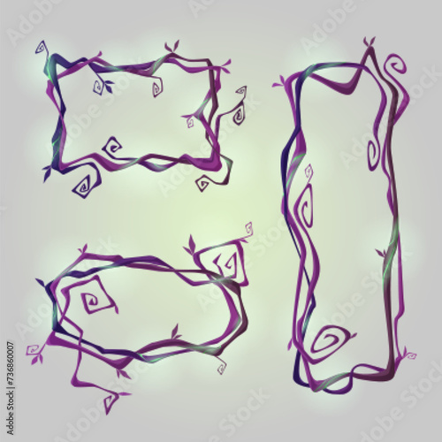 Spooky dry liana vines with glow and twisted branches in form of rectangle and oval frame for game ui design. Cartoon vector illustration set of scary creepy magic jungle purple border.