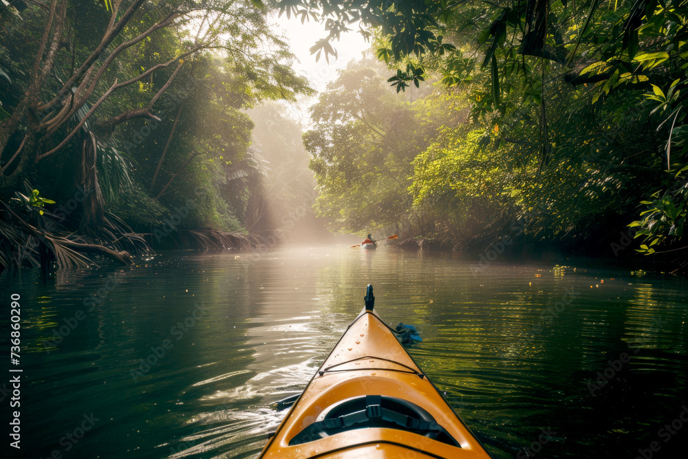 Fototapeta premium Man paddling a kayak down a river with a big copy space, Generative AI.