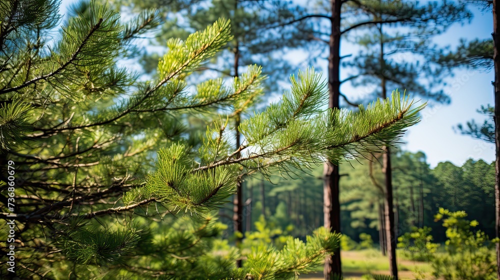Fototapeta premium ultra realistic photo of beautiful nature with pine trees and sky, summer, soft sunlight breaks through the pine trees, a clearing in front of the forest