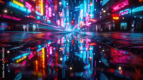 Multi-colored neon lights on a dark city street, reflection of neon light in puddles and water. Abstract night background, blurred bokeh light. Night view. © buraratn