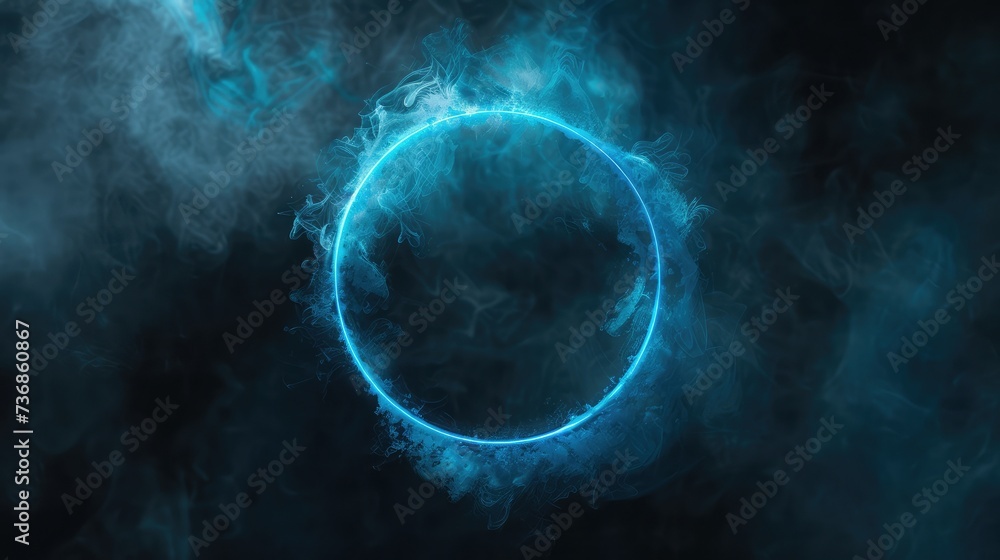 Neon blue color geometric circle on a dark background. Round mystical portal. Mockup for your logo. Futuristic smoke. Neon blue color geometric circle on a dark background. Round mystical portal. Mockup for your logo. Futuristic smoke.