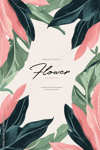 Vector pink and green leaves patten watercolor draw card and menu template frame