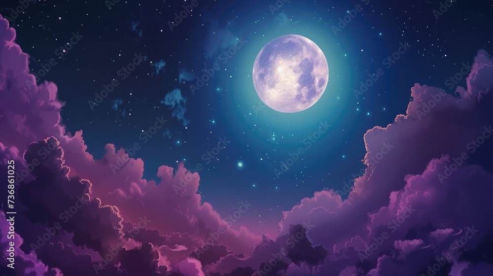 Naklejka premium Night sky with full bright moon in the clouds