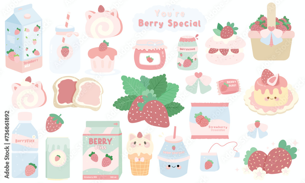 Vector collection of cute kawaii Strawberry Themed Clipart and ...