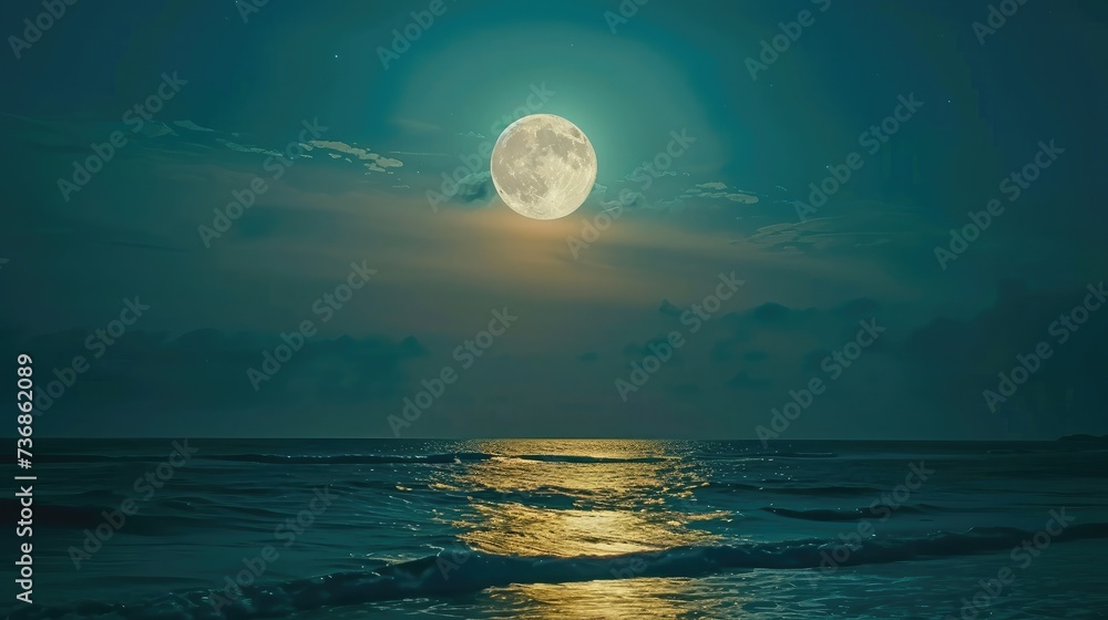 Super moon. Colorful sky with cloud and bright full moon over seascape in the evening. Serenity nature background, outdoor at nighttime. Cross process. The moon taken