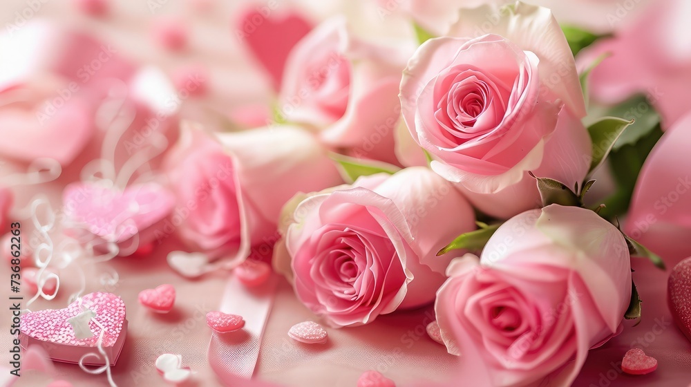 Valentines Day background with pink roses, bow and paper Hearts Valentines Day background with pink roses, bow and paper Hearts