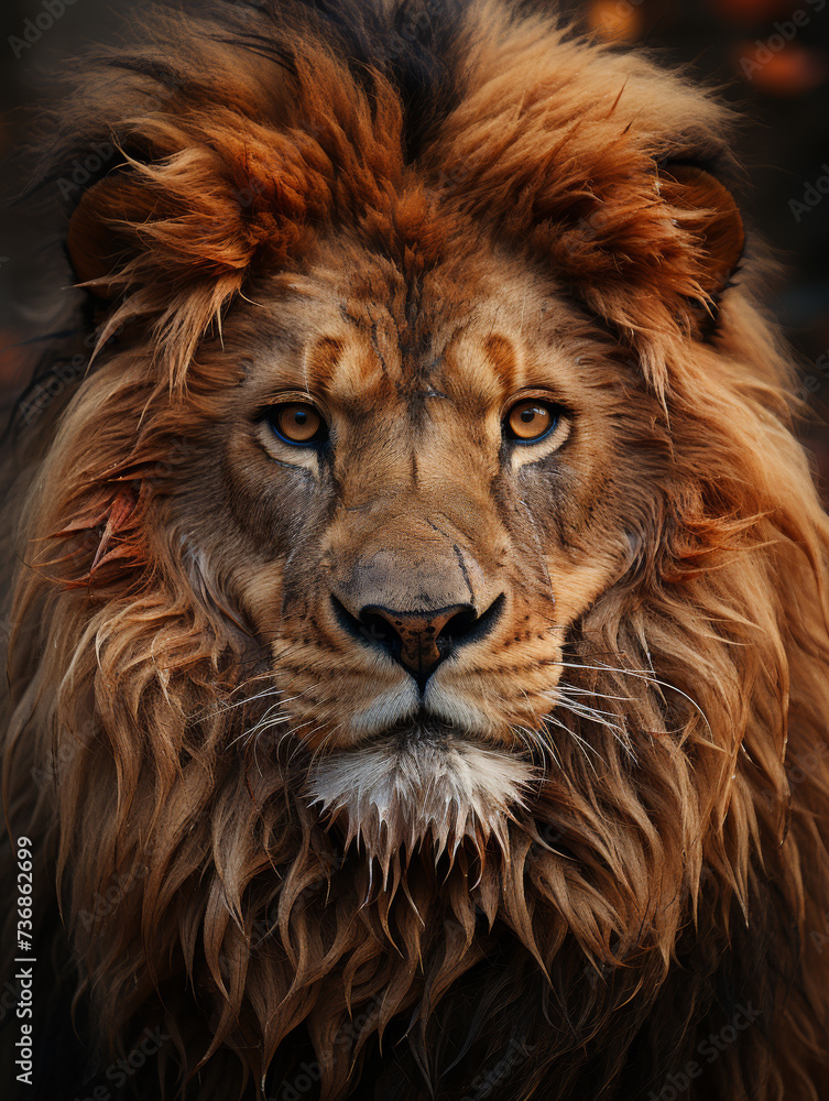 Majestic Lion Portrait, Intense Gaze and Wild Mane Close-Up