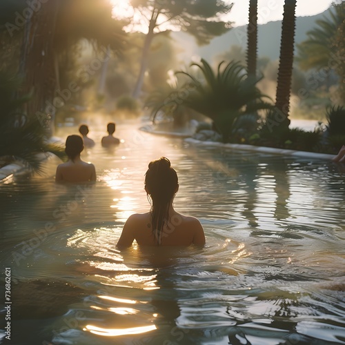 Serene Hot Springs Oasis with People Relaxing at Sunset