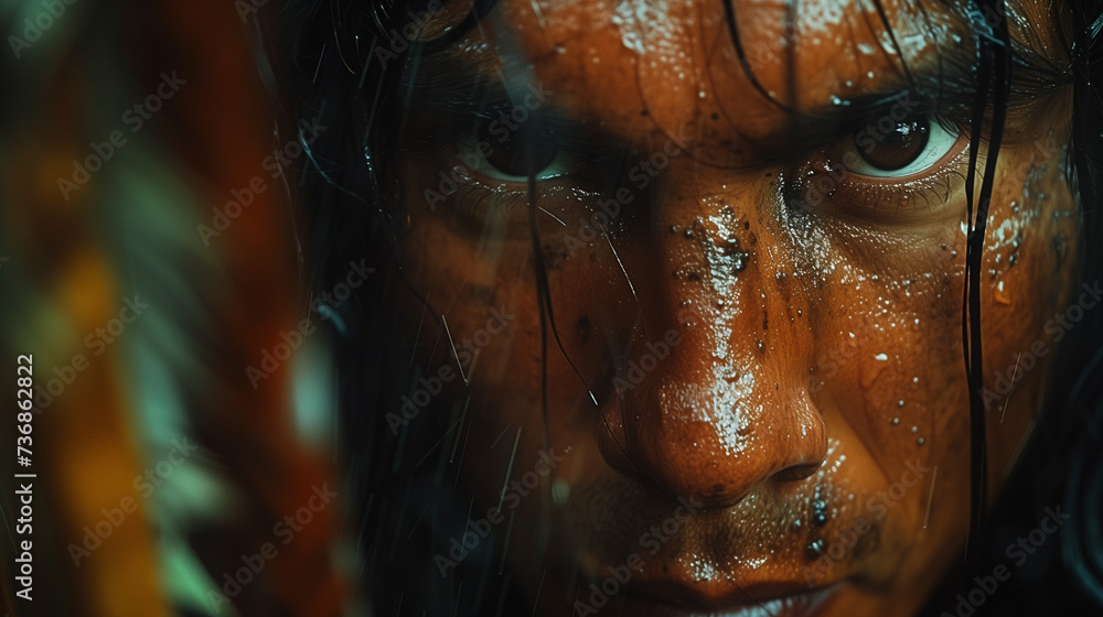 Chilling Gaze of Determination: A Close-up of a Native Warrior's Face Adorned with Tribal Paint