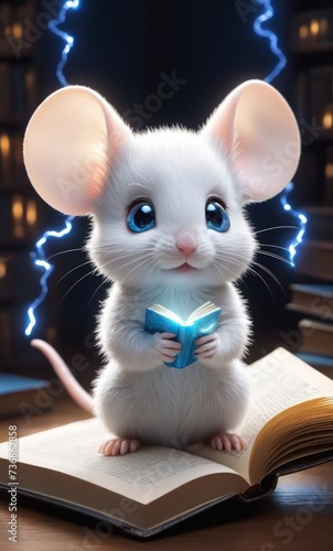 white mouse stand above open book wih divine lights coming from above fantasy lightning that creates a dramatic atmosphere