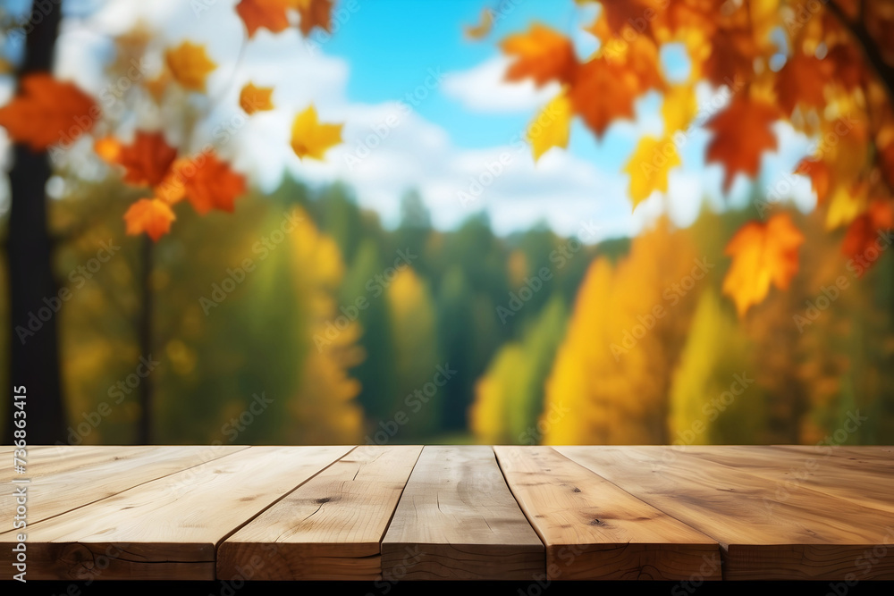 Empty Flat wooden podium tabletop platform on Blurred Autumn Forest with Sky Background, Blank showcase pedestal For product display presentation.