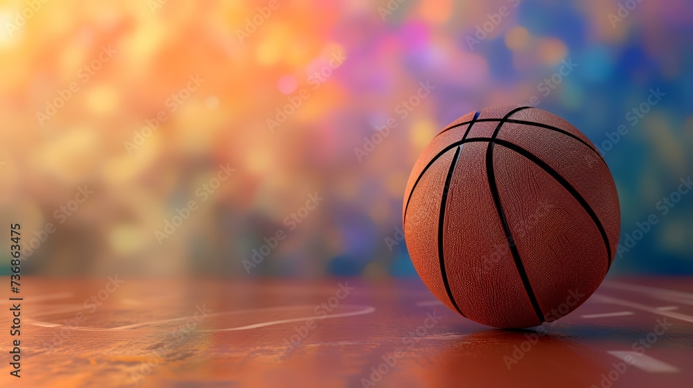 Basketball ball on the floor with colorful bokeh background.