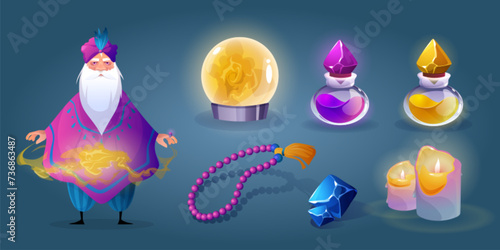 Old wise wizard with long grey beard conjuring and magic staff for wizardry. Cartoon magician in indian robe, glowing ball for witchcraft and prediction of future, potion in glass bottles and crystal.