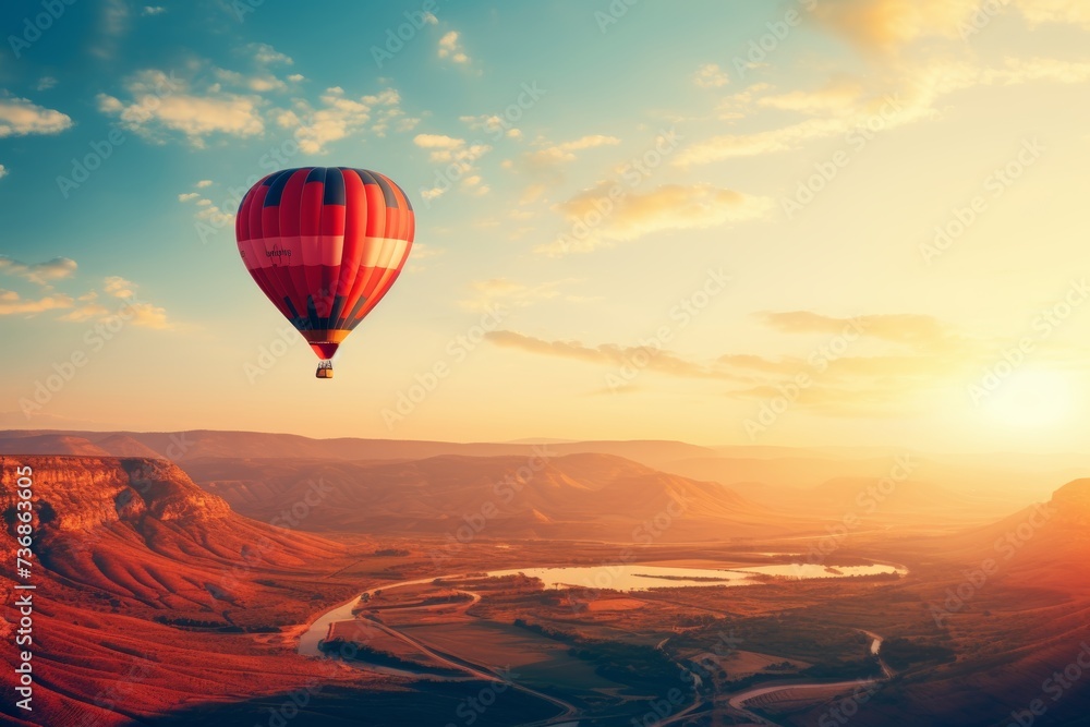 Hot air balloon flies at sunset over hills and mountain rivers through the sunlight