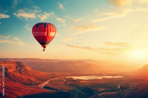 Hot air balloon flies at sunset over hills and mountain rivers through the sunlight © nik_yurginson