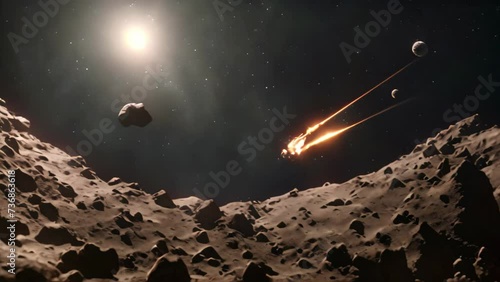 a factual representation of an artists rendering depicting a functional space station located on the moons surface, A swift flyby through an intricate asteroid belt, AI Generated photo