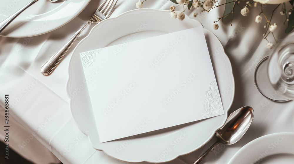 Table place setting blank menu card mockup or reserve in wedding invite ...