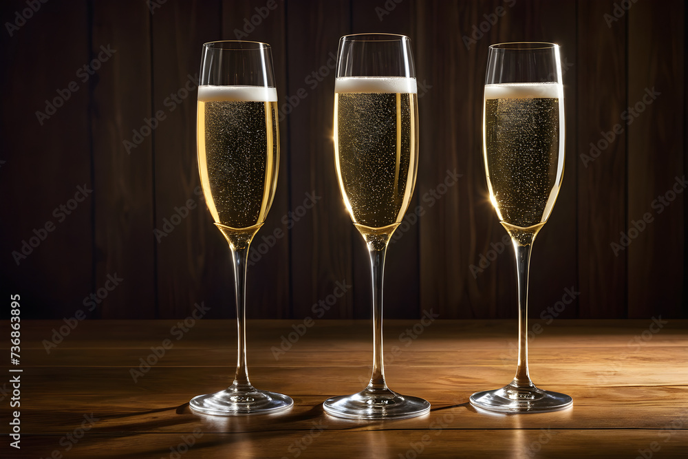 Three glasses of champagne on a simple wooden background, Valentine's Day, Christmas. Generative AI Three glasses of champagne on a simple wooden background, Valentine's Day, Christmas. Generative AI