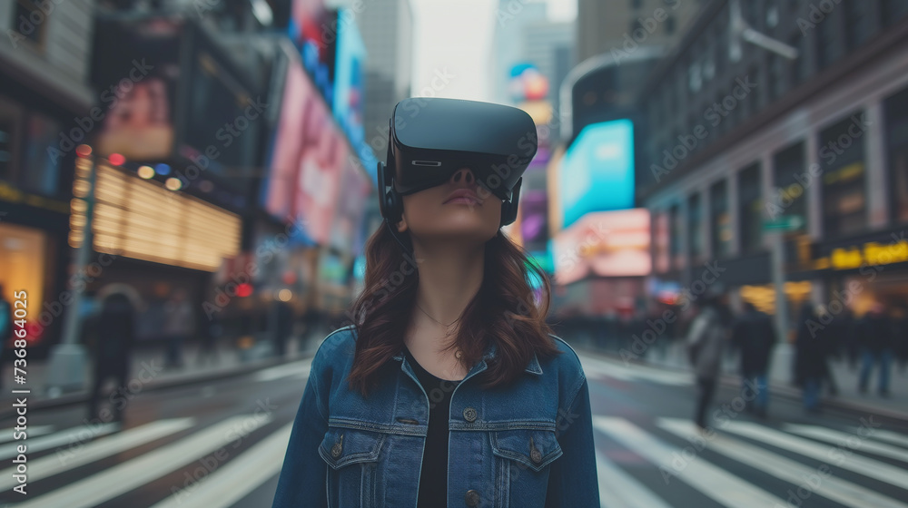 Young woman wearing headset VR virtual reality glasses in the city street, immersive technology