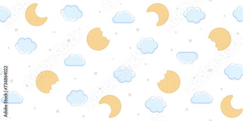 Light blue sugar clouds, bitten cookie moons and cookie crescents on a white background with gray dots. Kids endless texture with sweet sky. Vector seamless pattern for wrapping paper, giftwrap, print