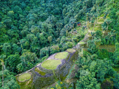 Hidden ancient ruins of Tayrona civilization Ciudad Perdida in the heart of the Colombian jungle. Aerial view from above. Lost city of Teyuna. Santa Marta, Sierra Nevada mountains, Colombia wilderness photo