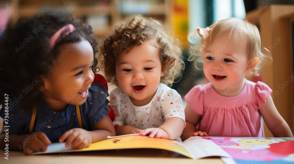 Three Delighted Toddlers Engaged in Story Time at a Preschool. Early Childhood Education and Joy of Reading Concept Three Delighted Toddlers Engaged in Story Time at a Preschool. Early Childhood Education and Joy of Reading Concept