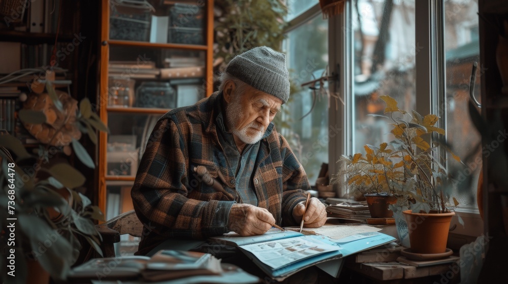 In a quiet corner of his home an elderly man is crafting handmade items to sell on his passive income platform.