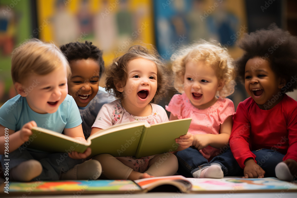 Three Delighted Toddlers Engaged in Story Time at a Preschool. Early Childhood Education and Joy of Reading Concept Three Delighted Toddlers Engaged in Story Time at a Preschool. Early Childhood Education and Joy of Reading Concept