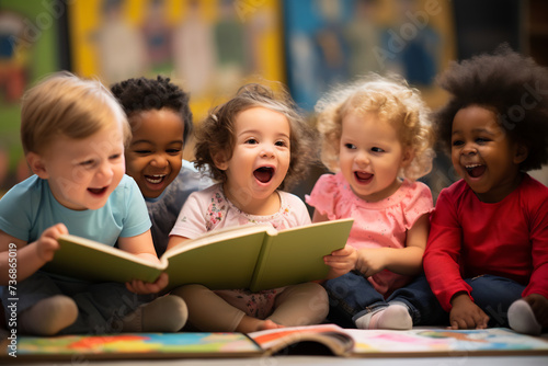 Three Delighted Toddlers Engaged in Story Time at a Preschool. Early Childhood Education and Joy of Reading Concept