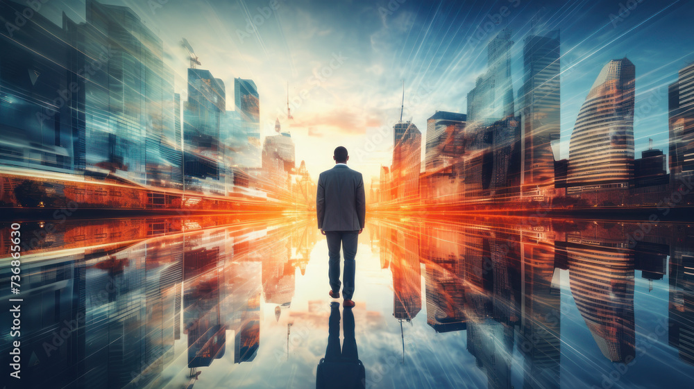 close up double exposure image of the business man standing back during sunrise overlay with cityscape image. The concept of modern life, business, city life and internet of things close up double exposure image of the business man standing back during sunrise overlay with cityscape image. The concept of modern life, business, city life and internet of things