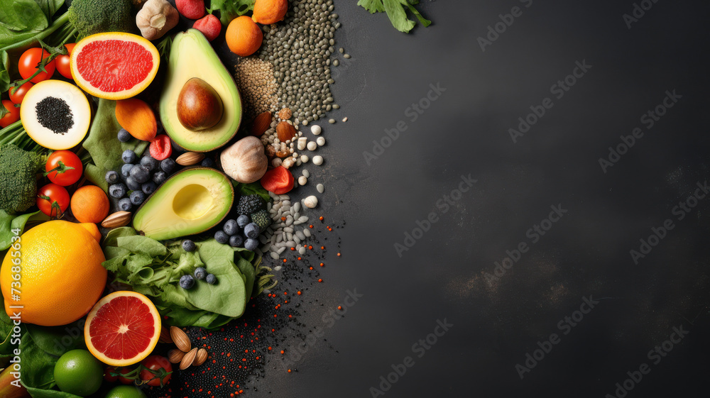 Different vegetables, seeds and fruits on grey table, flat lay. Healthy diet Different vegetables, seeds and fruits on grey table, flat lay. Healthy diet