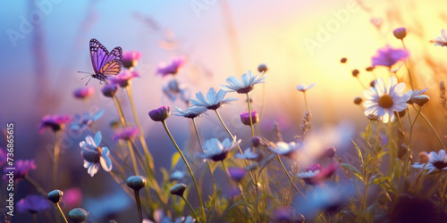 wild flowers chamomile, purple wild peas, butterfly in morning haze in nature close-up macro. Landscape wide , copy space, cool blue tones. Delightful pastoral airy artistic © wiparat