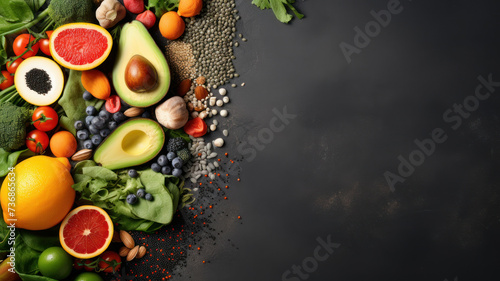 Different vegetables, seeds and fruits on grey table, flat lay. Healthy diet