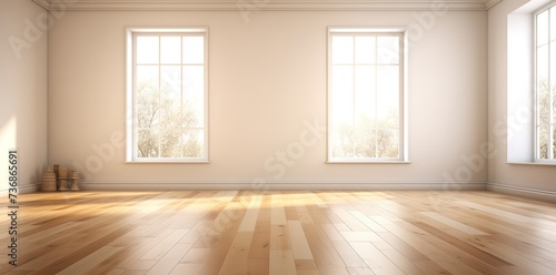  empty white room on wooden parquet floor in 3D rendering