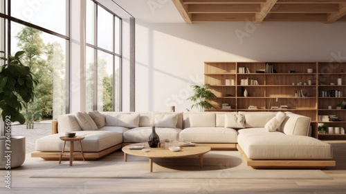 minimalist interior open space  design modular sofa  furniture  wooden coffee tables   pillows  tropical plants  elegant personal accessories in stylish home decor. Neutral living room