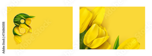 Happy women's day greeting cards. 8 March templates with realistic yellow tulips. International women day posters. Spring vector illustrations.