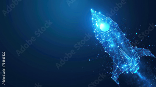 Abstract blue glowing light bulb rocket launch. Low poly style design.