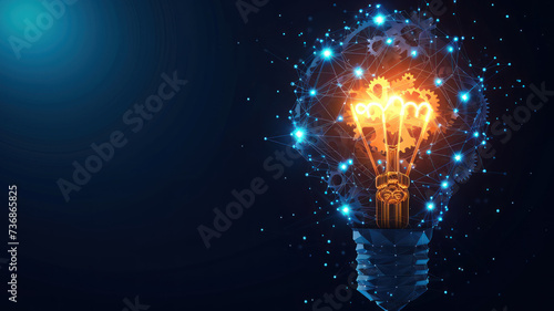 Abstract low-poly light bulb gears inside. The Internet Technology triangle icon concept