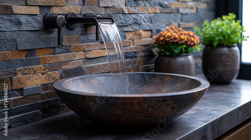 A closeup of a modern waterfallstyle faucet pouring into a beautiful vessel sink with a natural stone backsplash adding a touch of warmth to the space.