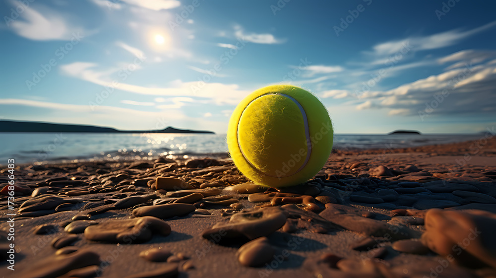Professional photo of tennis court, racket and ball staged