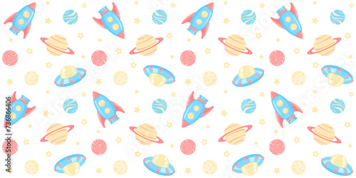 Colorful rockets and alien spaceships among planets and stars on a white background. Kids endless texture with outer space. Vector seamless pattern for wrapping paper, giftwrap, surface texture, print