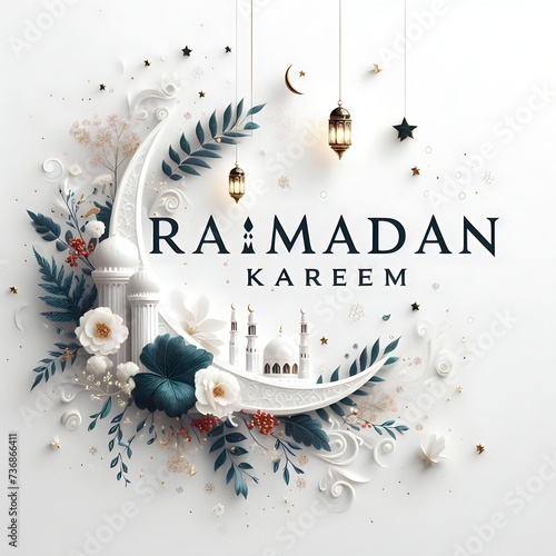 Ramadan kareem text design islamic style, moon shape, lanterns 