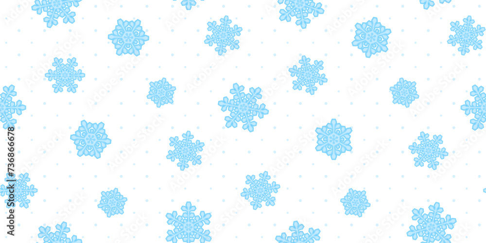 Blue snowflakes on a white background with light blue polka dots. New Year endless texture. Vector seamless pattern for festive design, Christmas wallpaper, wrapping paper, giftwrap or surface texture Blue snowflakes on a white background with light blue polka dots. New Year endless texture. Vector seamless pattern for festive design, Christmas wallpaper, wrapping paper, giftwrap or surface texture