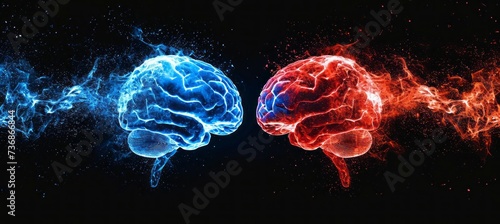 Blue and red colors glowing brains. Symbolizes the America presidential election democracy choice. Generative AI technology. photo