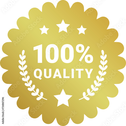 100 percent original product label sign. Round premium quality product guarantee golden logo with stars, laurel crown. Vector gold wavy badge, rubber seal stamp symbol for sticker, logo, certificate