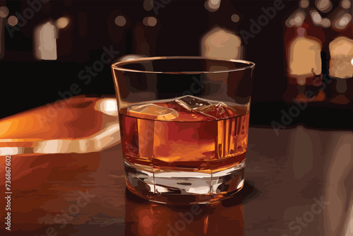 Bottle and Glass of whiskey or bourbon with ice on black stone table..