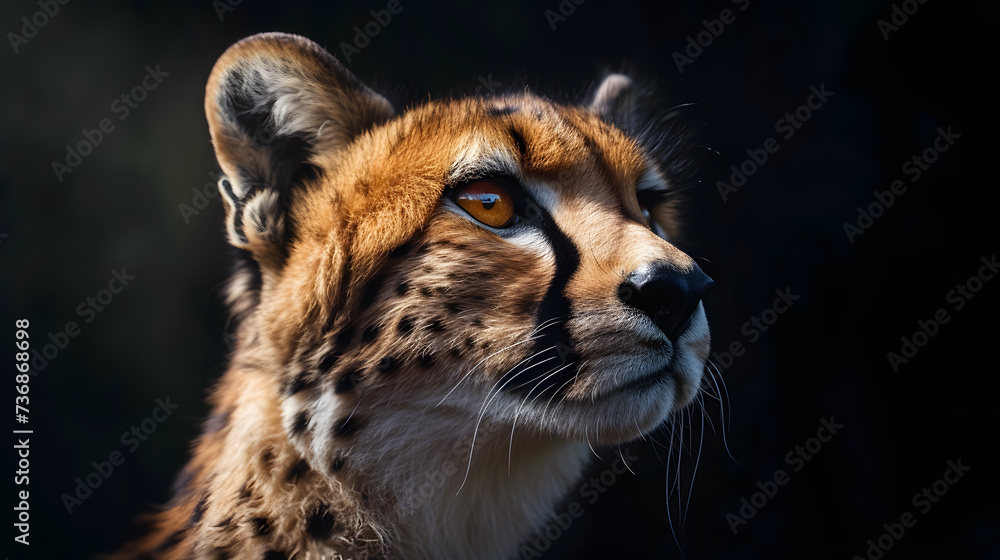 Obraz premium A stunning profile view of a majestic cheetah, capturing its intense gaze and the beautiful pattern of its fur, set against a dark background. ai
