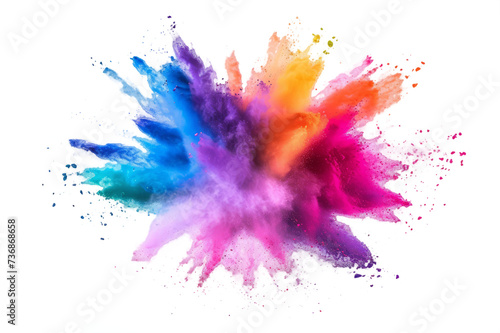 burst of colored powder exploding outward, creating a vivid and celebratory visual against a white background.