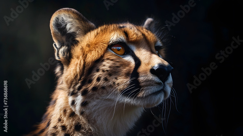 A stunning profile view of a majestic cheetah, capturing its intense gaze and the beautiful pattern of its fur, set against a dark background. ai