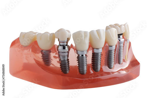 dental model featuring multiple implants, demonstrating various tooth replacement options. photo